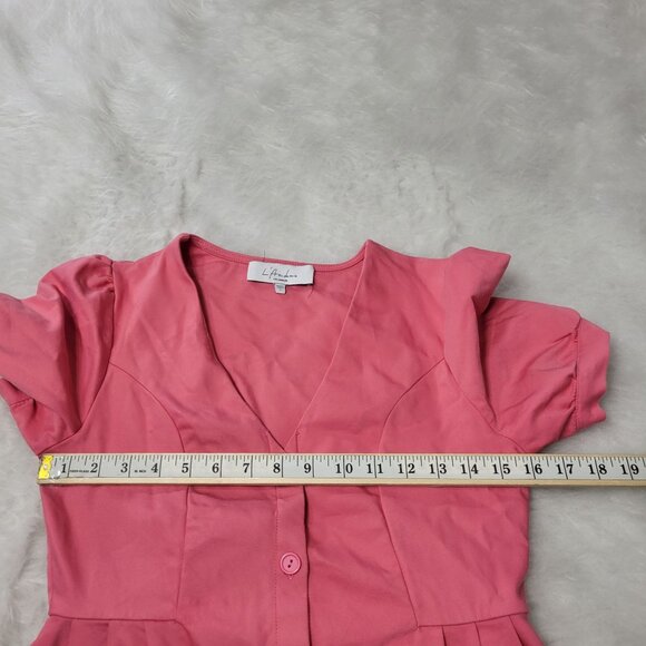 L'Academie Calypso Coral Pink Short Sleeve Violet Button Down Mini Dress Small - Picture 10 of 15